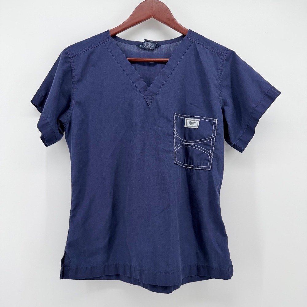 Blue Sky Scrubs Women XS Scrub Top Navy Blue Skinny Scrubs V-Neck Pocket